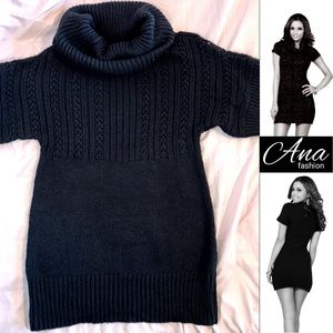 ana Black Cowl Neck Cable Knit Mini Sweater Dress